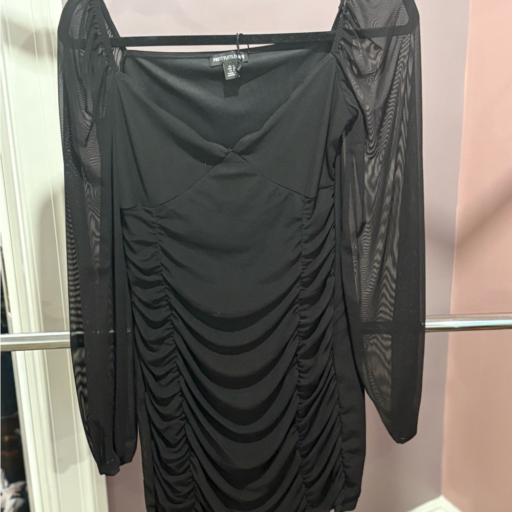 PrettyLittleThing Black Ruched Mesh Sleeve Dress